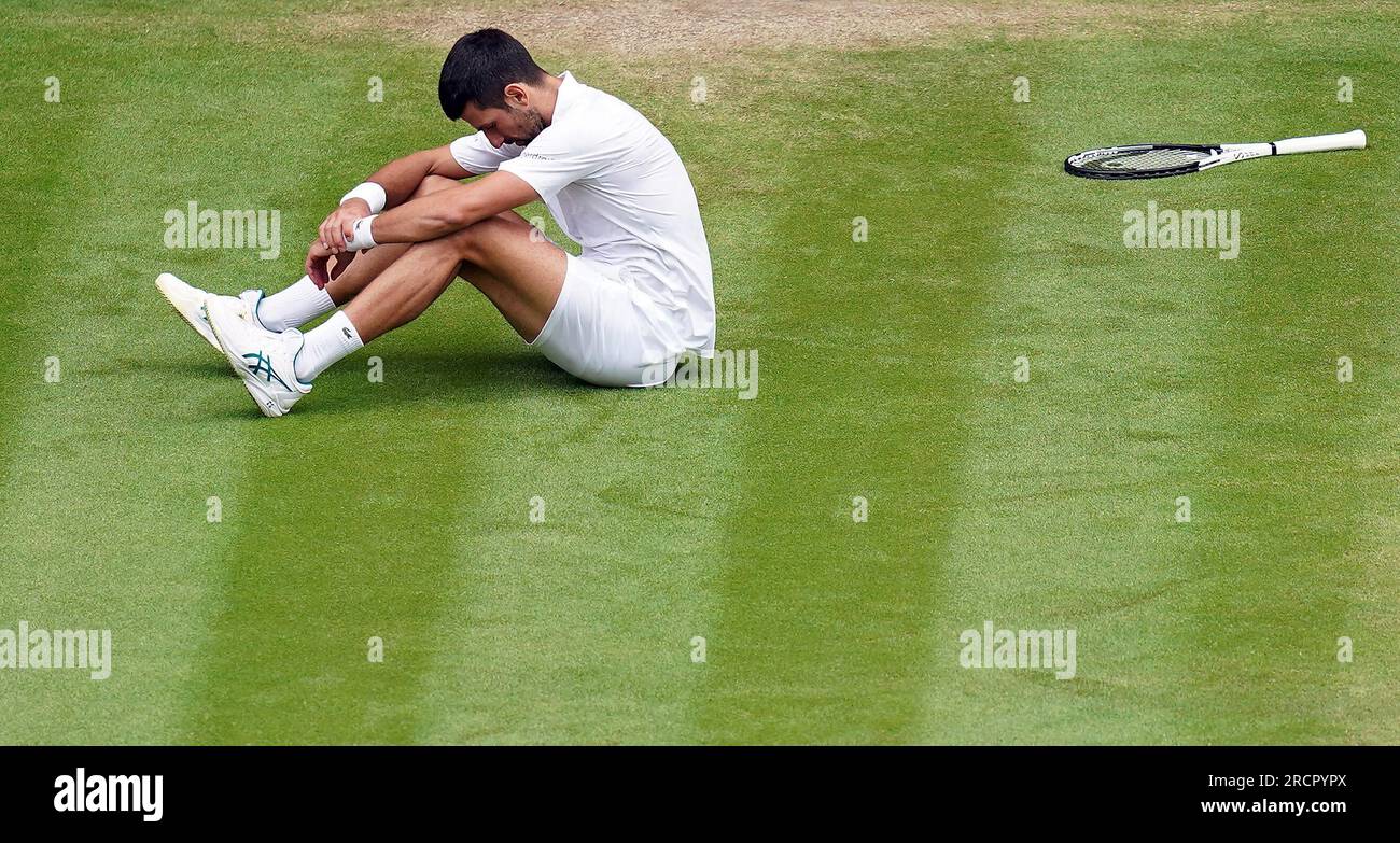 Novak Djokovic slips during the Gentlemen's Singles final against