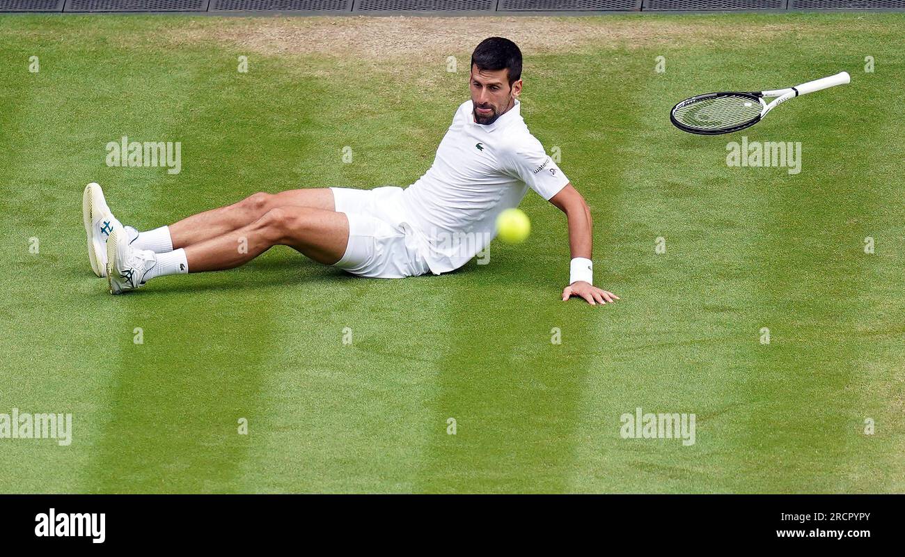 Novak Djokovic slips during the Gentlemen's Singles final against