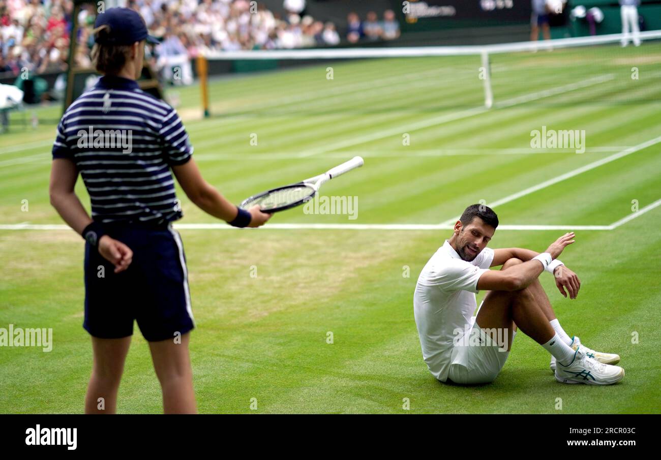 Novak Djokovic slips during the Gentlemen's Singles final against