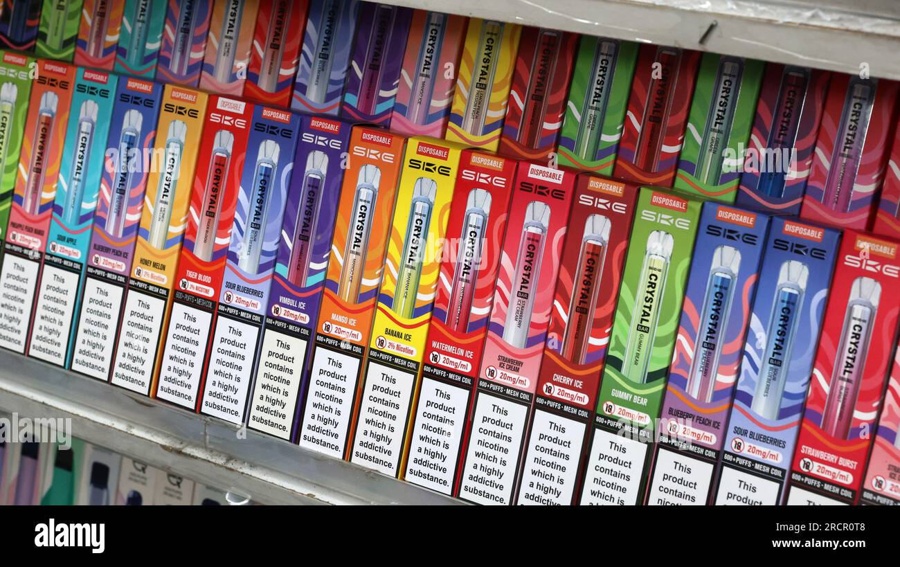 Display of disposable vape products in a shop in Camden, London Stock Photo