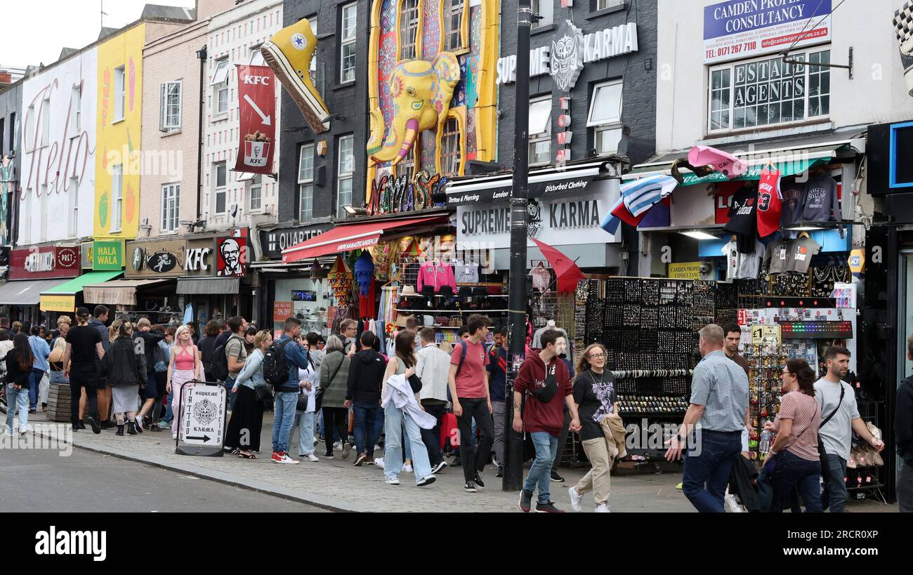 Shops and pedestrians on Camden High Street Stock Photo