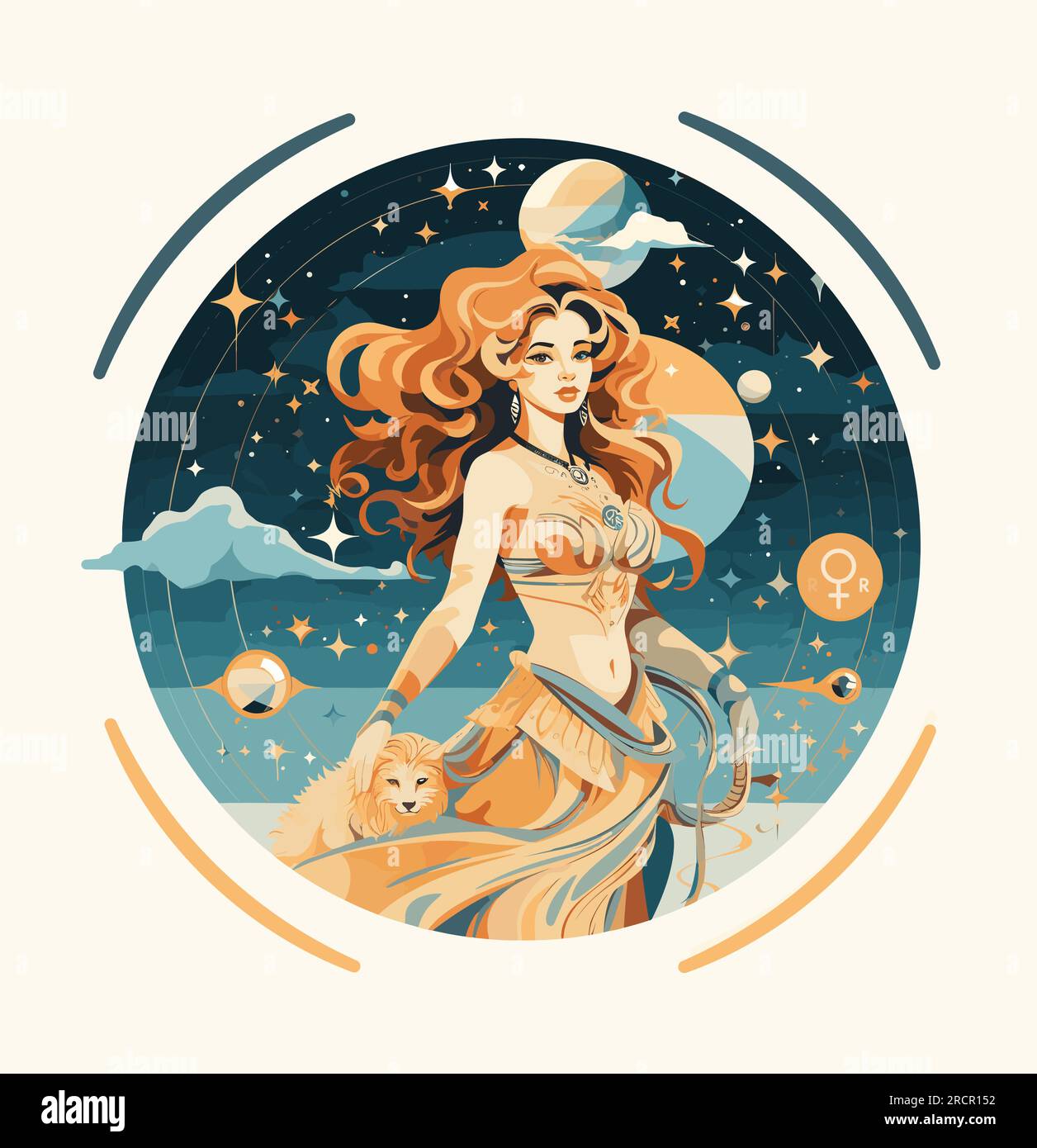 Retrograde Venus in Leo. Beautiful Venus girl with a lion on the background of the