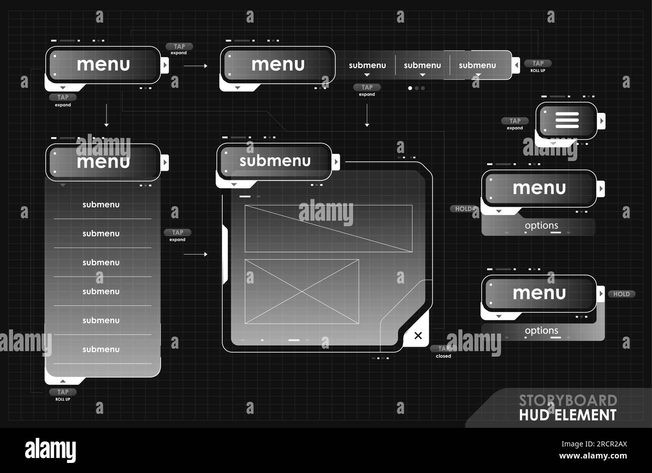 Futuristic HUD frames for ui, interface storyboard in futuristic style
