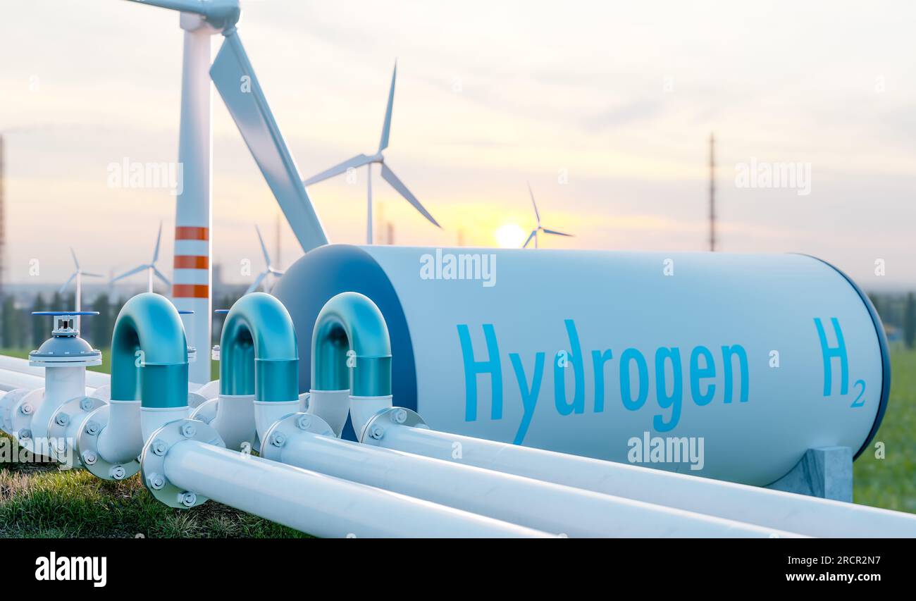 Hydrogen pipeline and hydrogen fuel tank with wind turbines farm, green