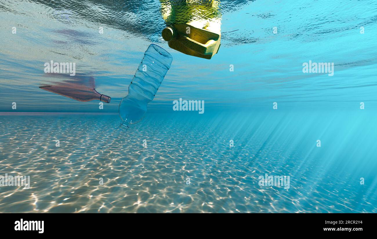 Plastic bag and bottom in ocean and water, sea pollution and climate change concept, 3d illustration rendering Stock Photo