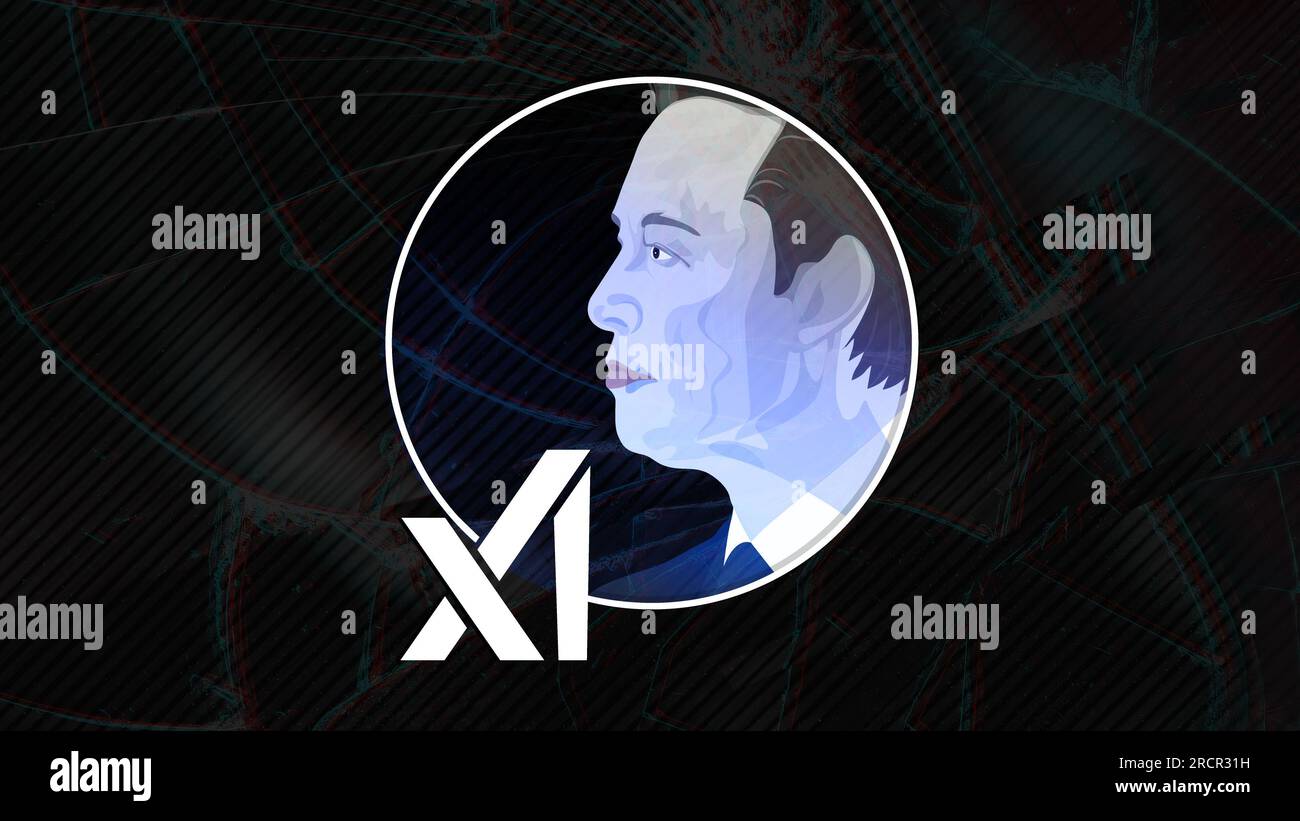 Elon Musk founded xAI. Elon Musk portrait and xAI inscription. July 12