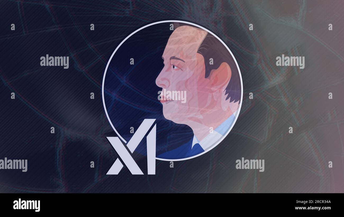 Elon Musk founded xAI. Elon Musk portrait and xAI inscription. July 12