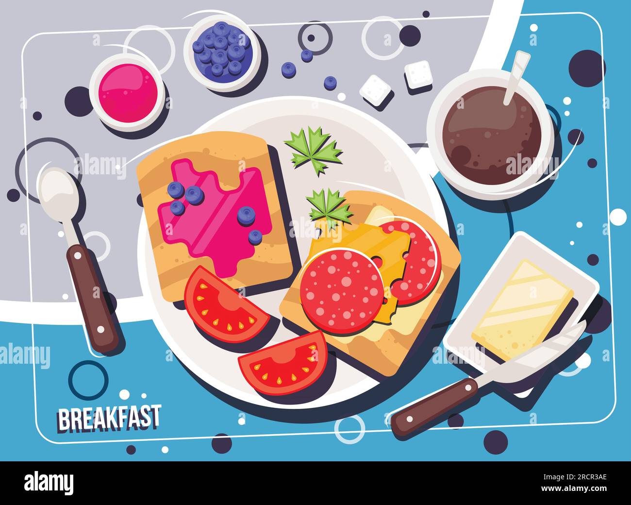 Vector breakfast concept with food and drinks. Breakfasts and brunches