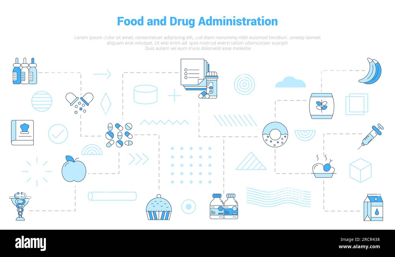 fda food and drug administration concept with icon set template banner with modern blue color style vector illustration Stock Photo