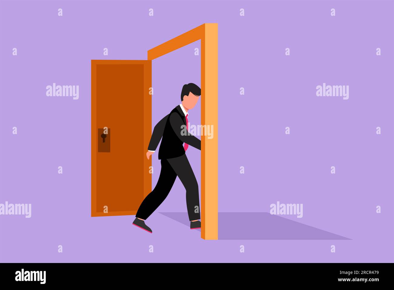 Graphic flat design drawing of young businessman enters the room