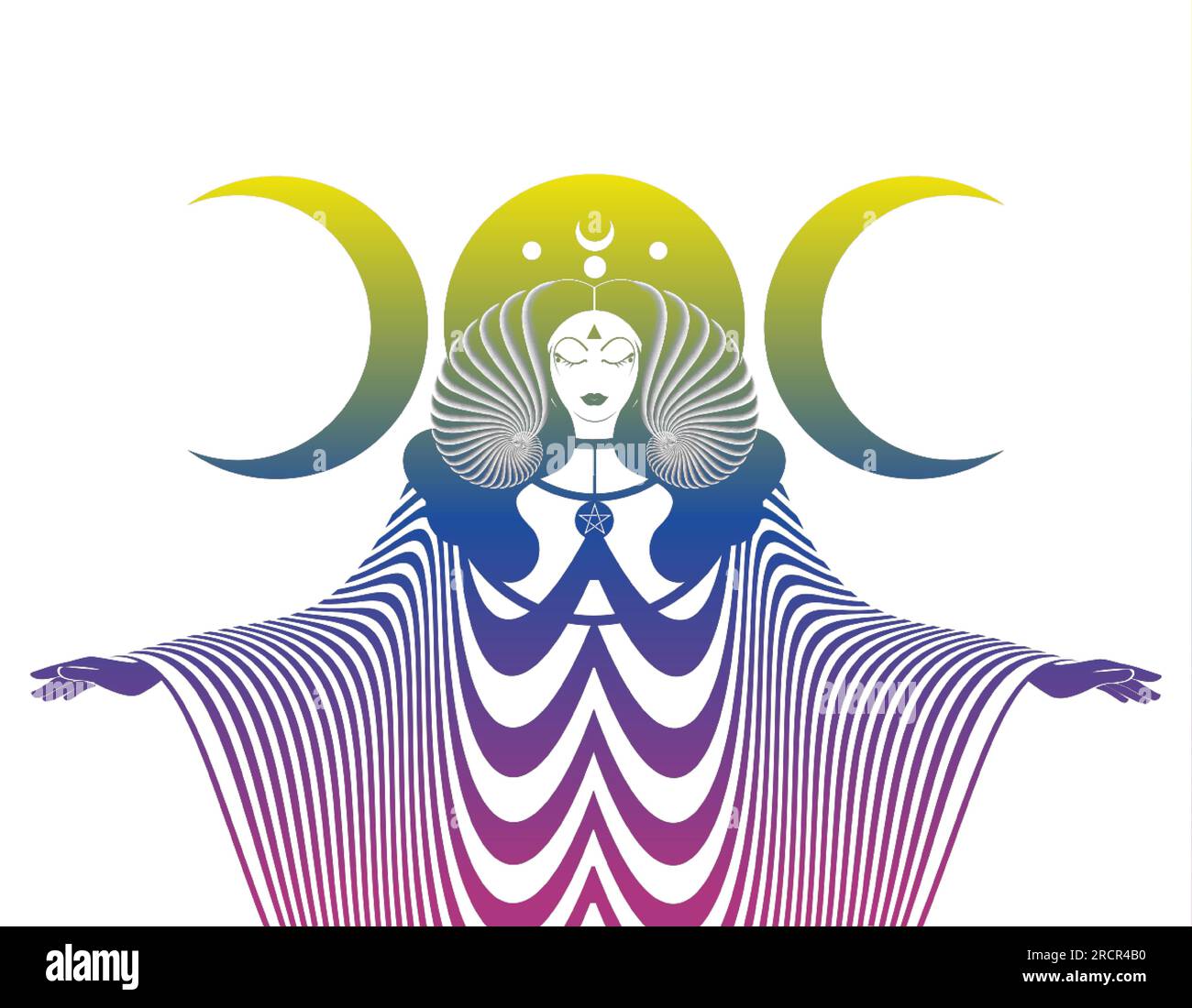 Magical triple goddess, priestess. Colorful Beautiful fairy woman with horns and long dress. Gothic Witch wiccan female sacred design, magic moon Stock Vector