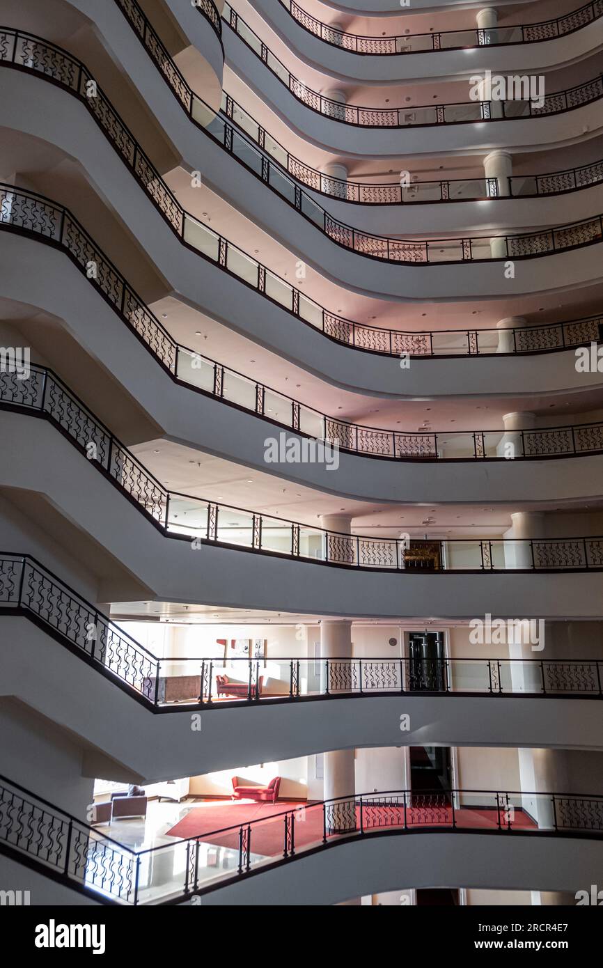 Many floors in the hotel, inside view. Many levels. Hotel Golden City
