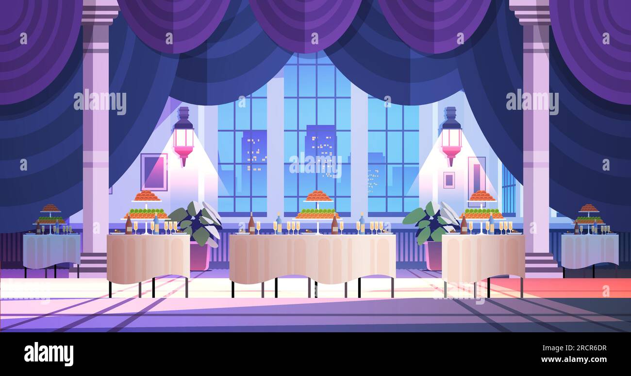 Catering banquet table with food and drinks self serve open buffet