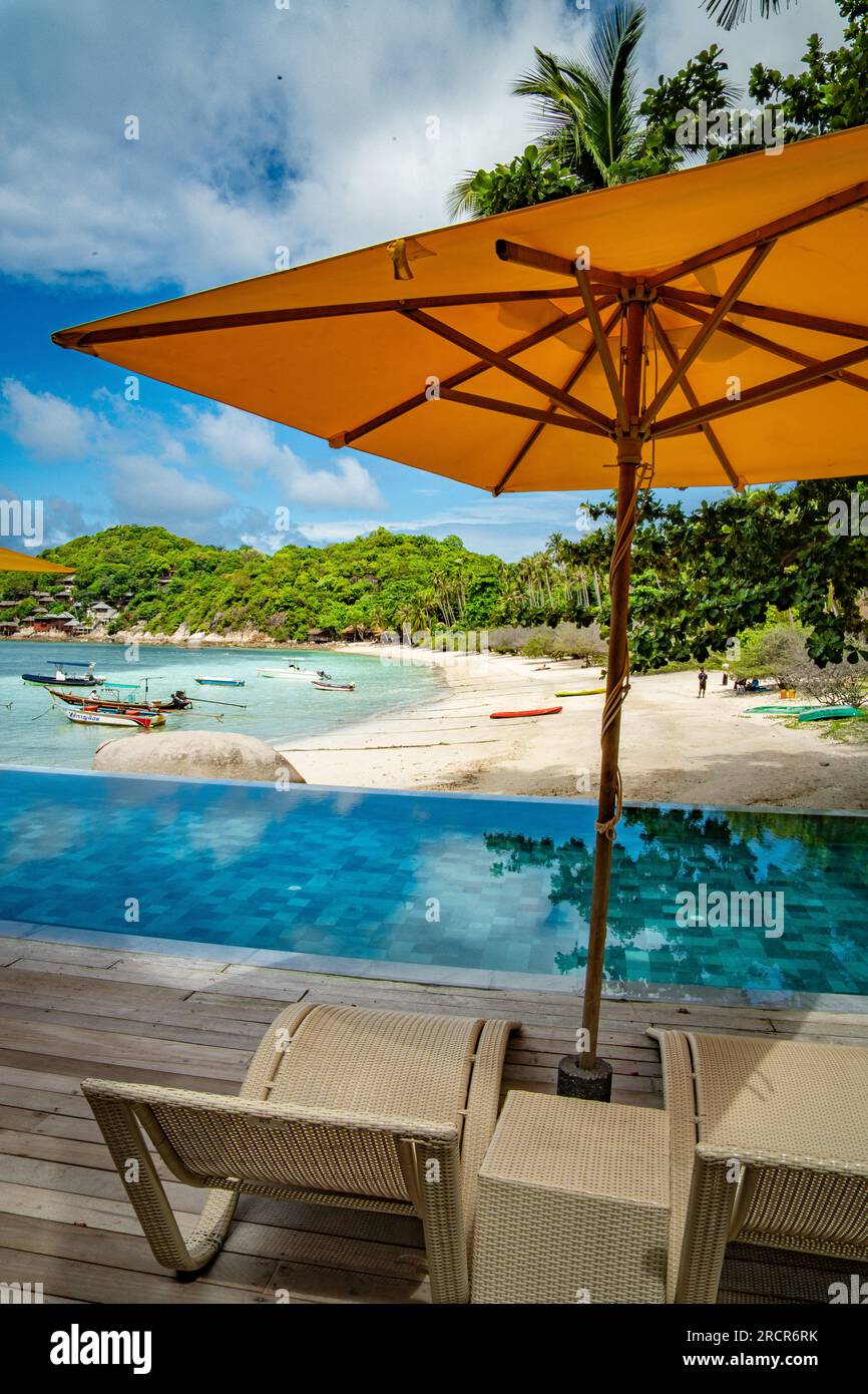 View of Haad Tien Beach resort in shark bay, koh Tao, Thailand Stock