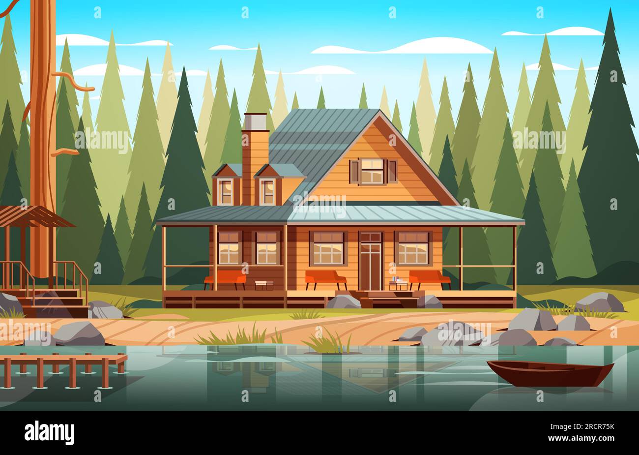 wooden holiday house near lake in forest cottage among trees suburban