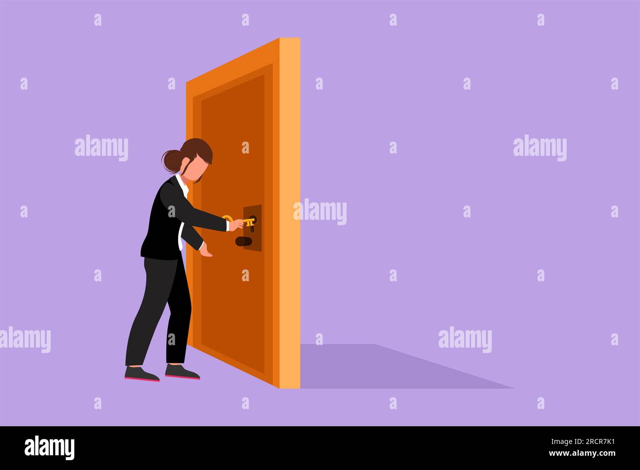 Cartoon flat style drawing of businesswoman inserts key into keyhole