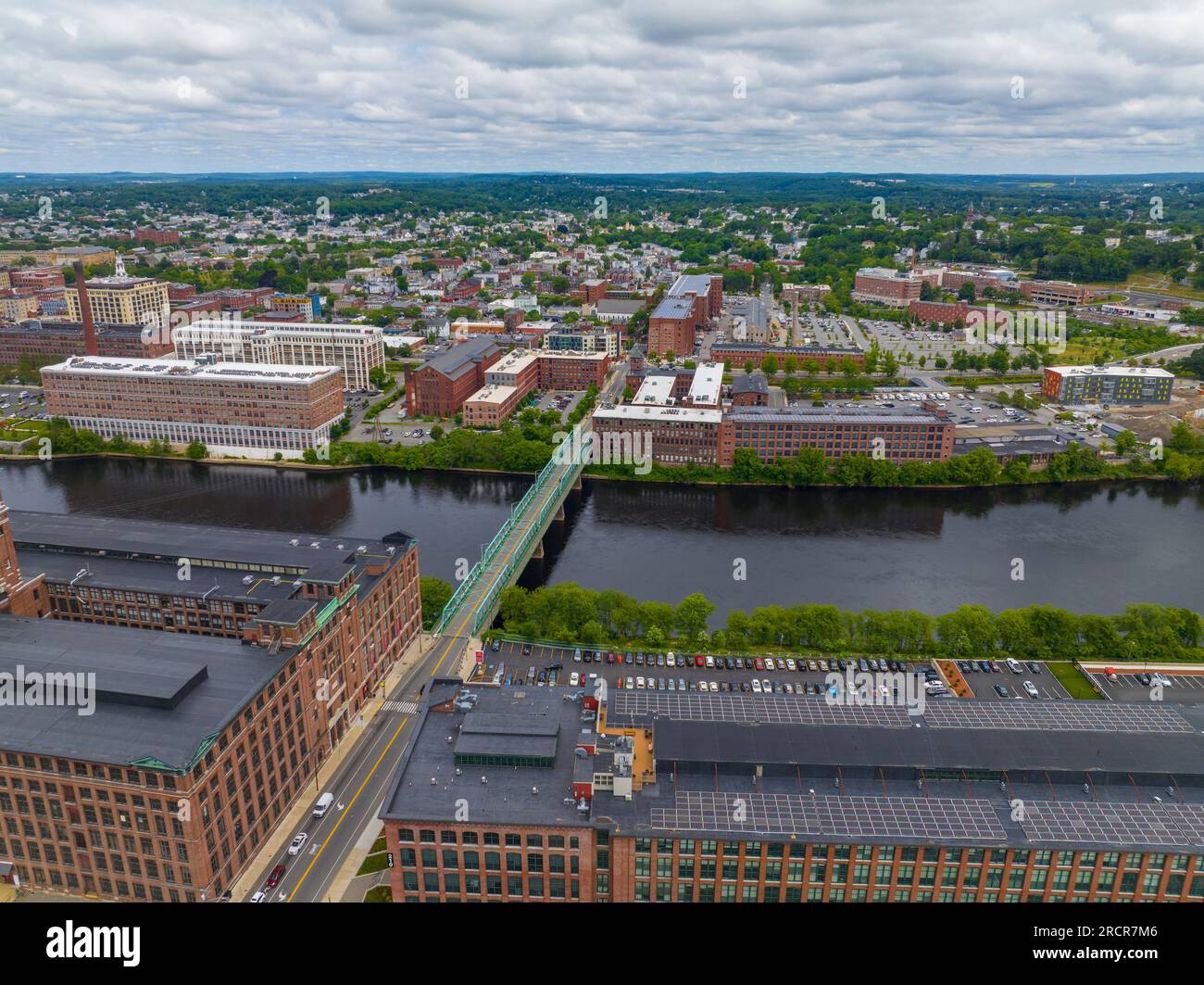 Duck Mill and Kunhardt Mill aerial view with Duck Bridge over Merrimack