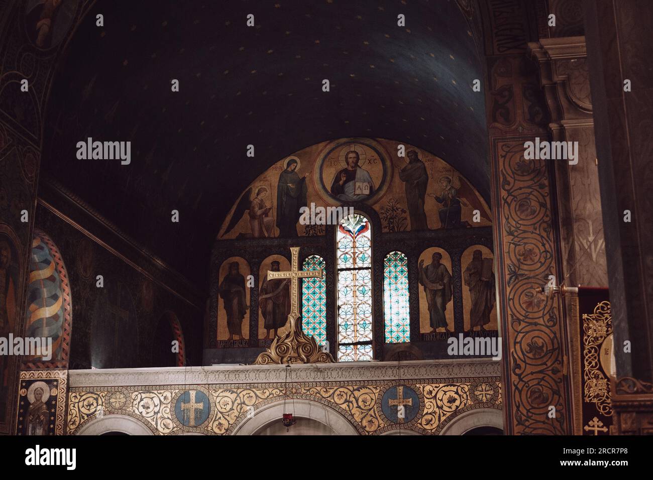 Insider a orthodox church with a cross in gold Stock Photo