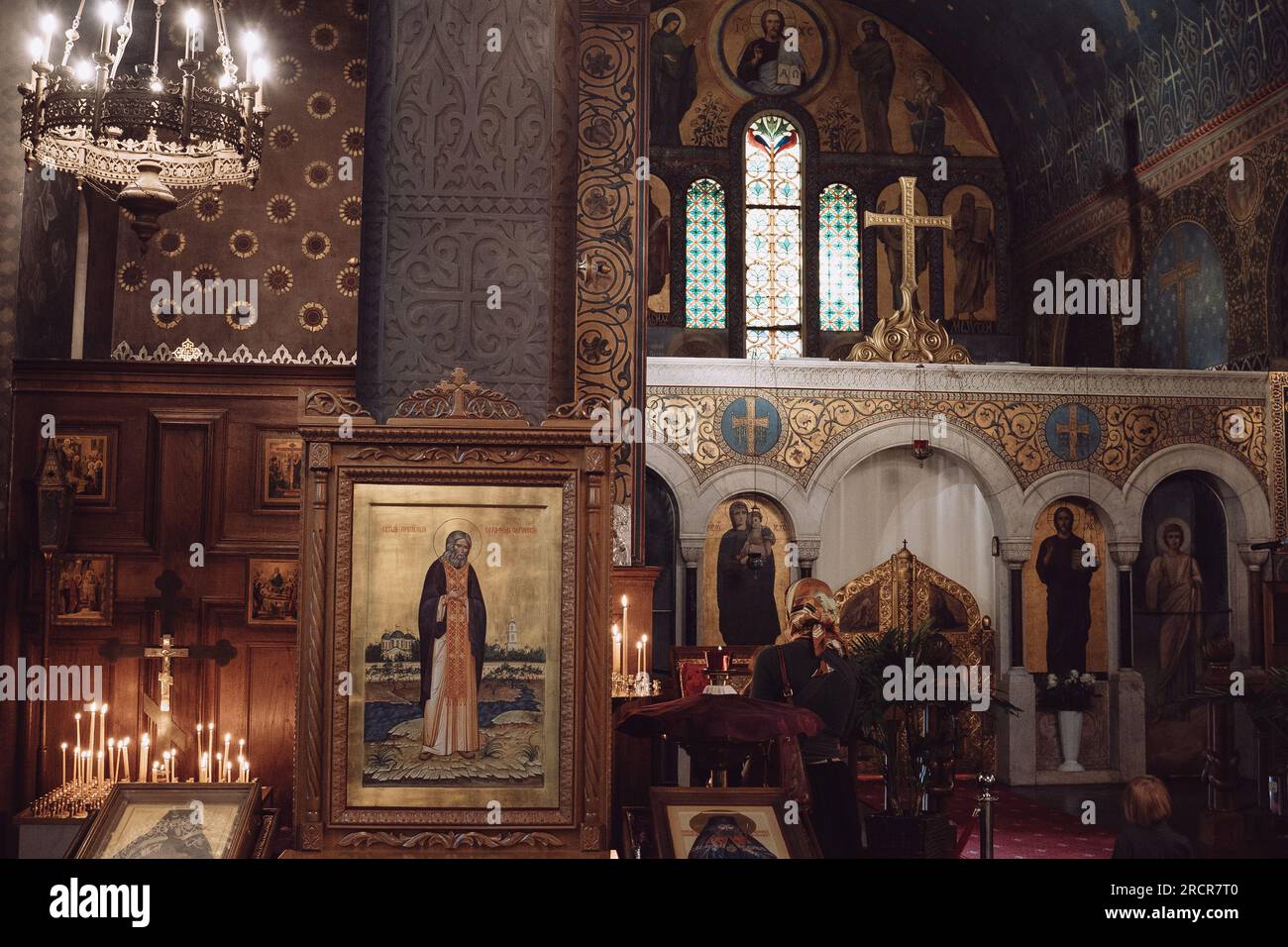 Insider a orthodox church with a cross in gold Stock Photo