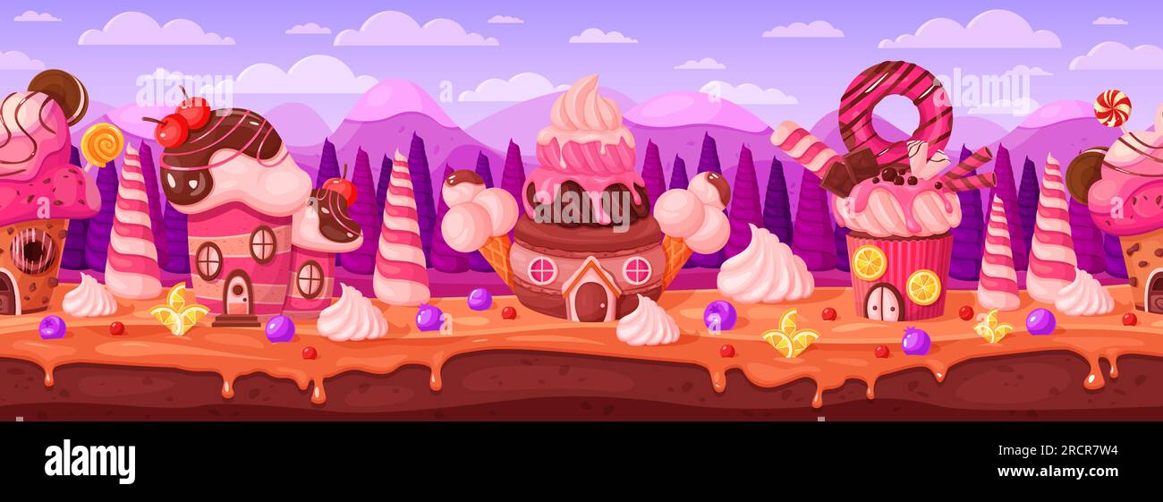 Candy sweet land vector illustration. Cartoon seamless background of magic confectionery world, game panorama landscape with cake gingerbread houses and trees, chocolate and ice cream dream village Stock Vector