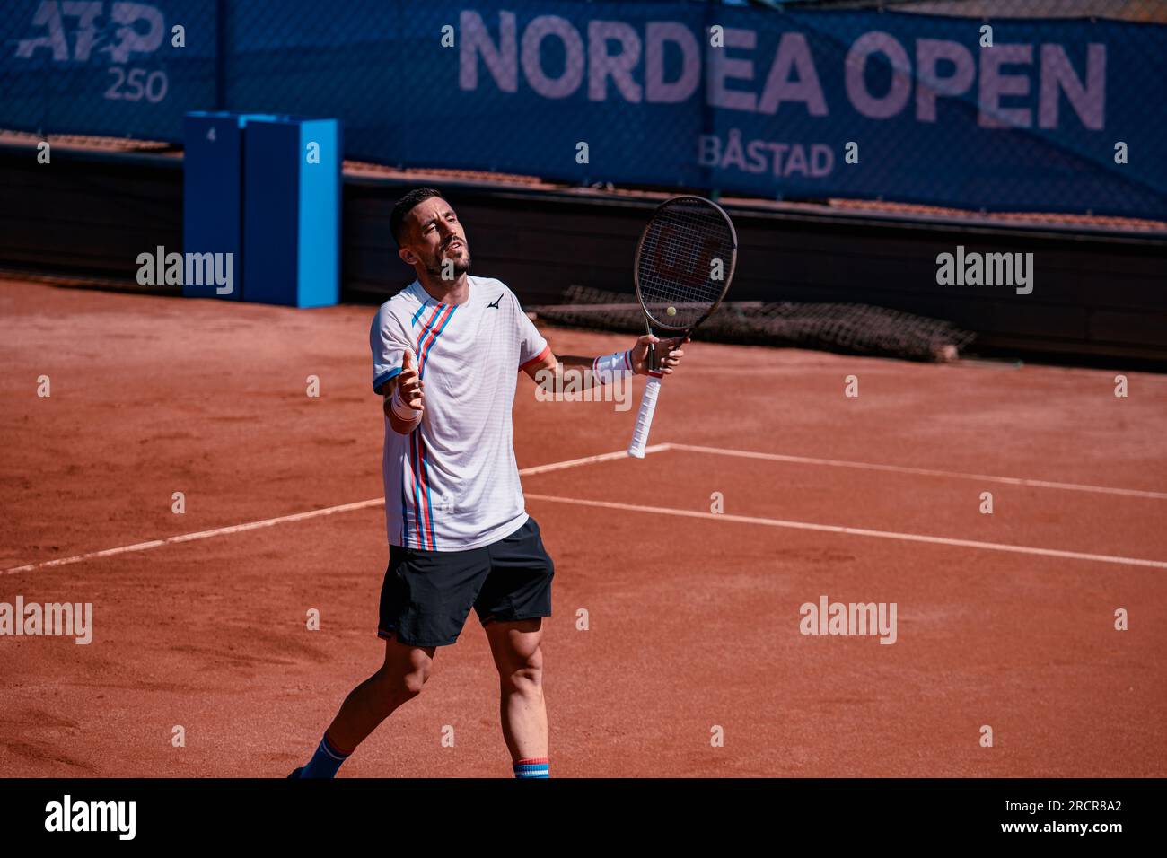 Båstad, Sweden. 07 16 2023. Damir Džumhur against Francesco Maestrelli Nordea Open 2023, first round qualification. Damir Džumhur won. Daniel Bengtsson / Alamy news Stock Photo