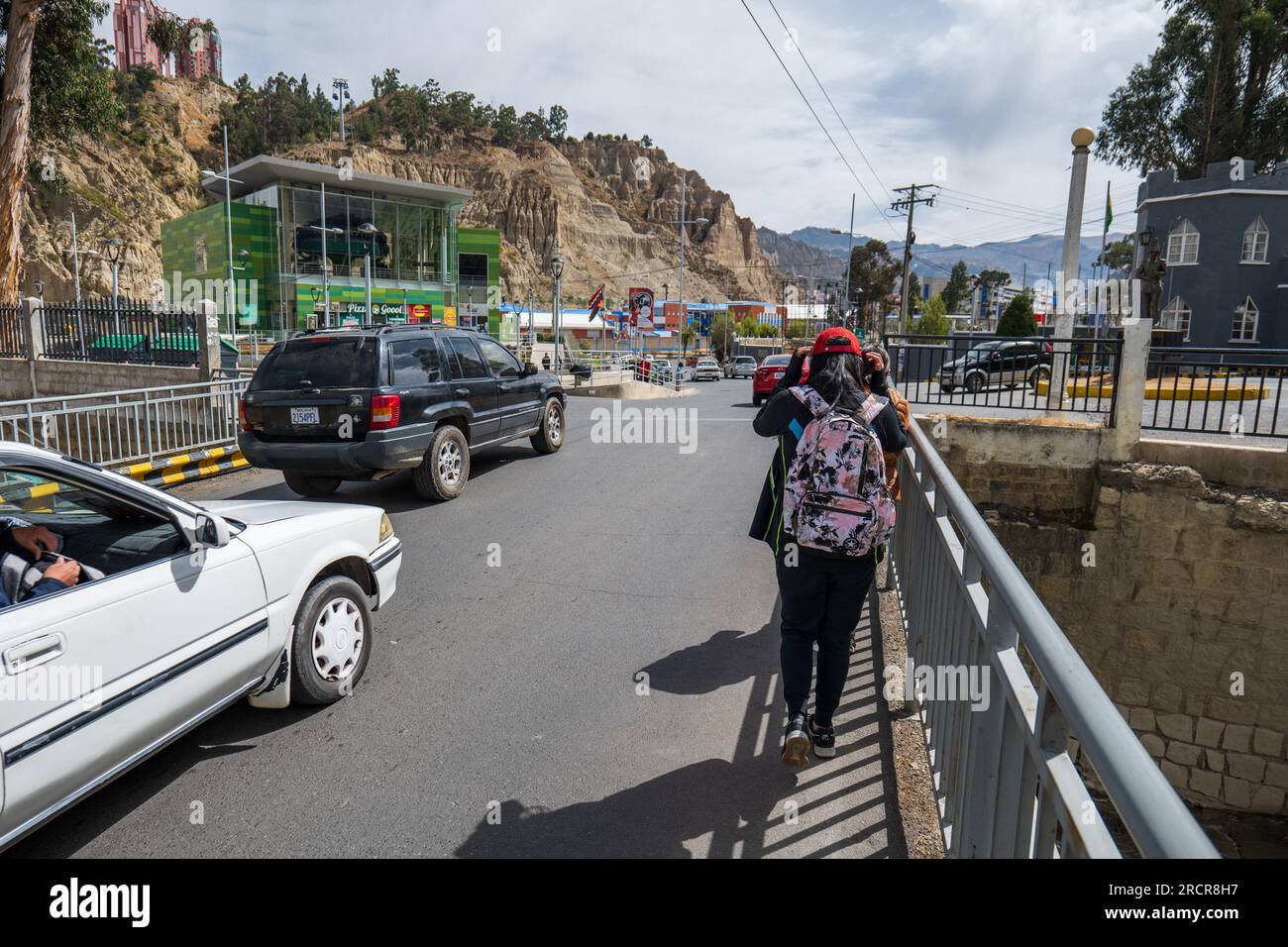 La Paz, La Paz, Bolivia - August 7, 2022: Green Cable Car Station, Cars