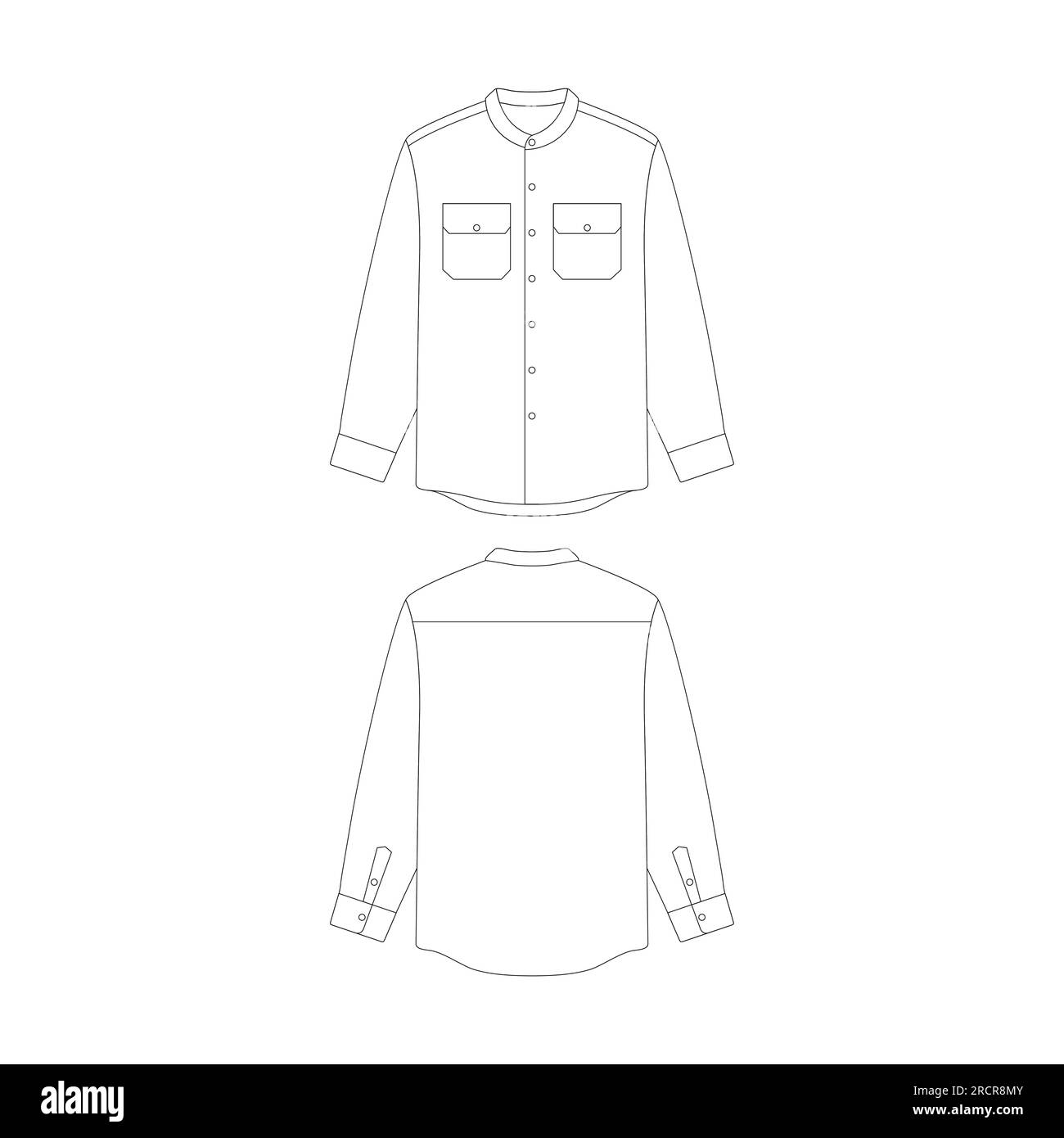 template long sleeve grandad collar shirt with two pocket vector illustration flat design outline clothing collection Stock Vector