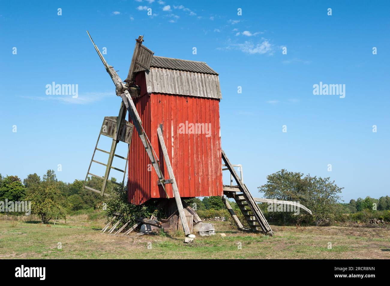 Old wooden windmill in Störlinge, municipality of Borgholm, island of Öland, Kalmar County, Sweden Stock Photo
