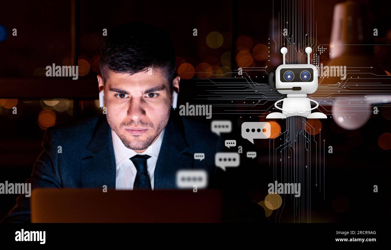 Concentrated IT manager using online assistant help while working Stock Photo