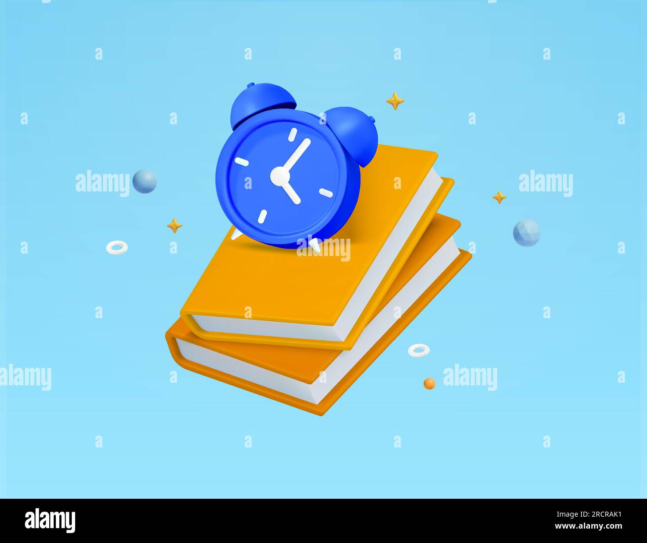 3d orange books with blue alarm clock, isolated on white background. Concept for time to study banner, back to school, learning time, school time, go to class, course. 3d vector illustration Stock Vector
