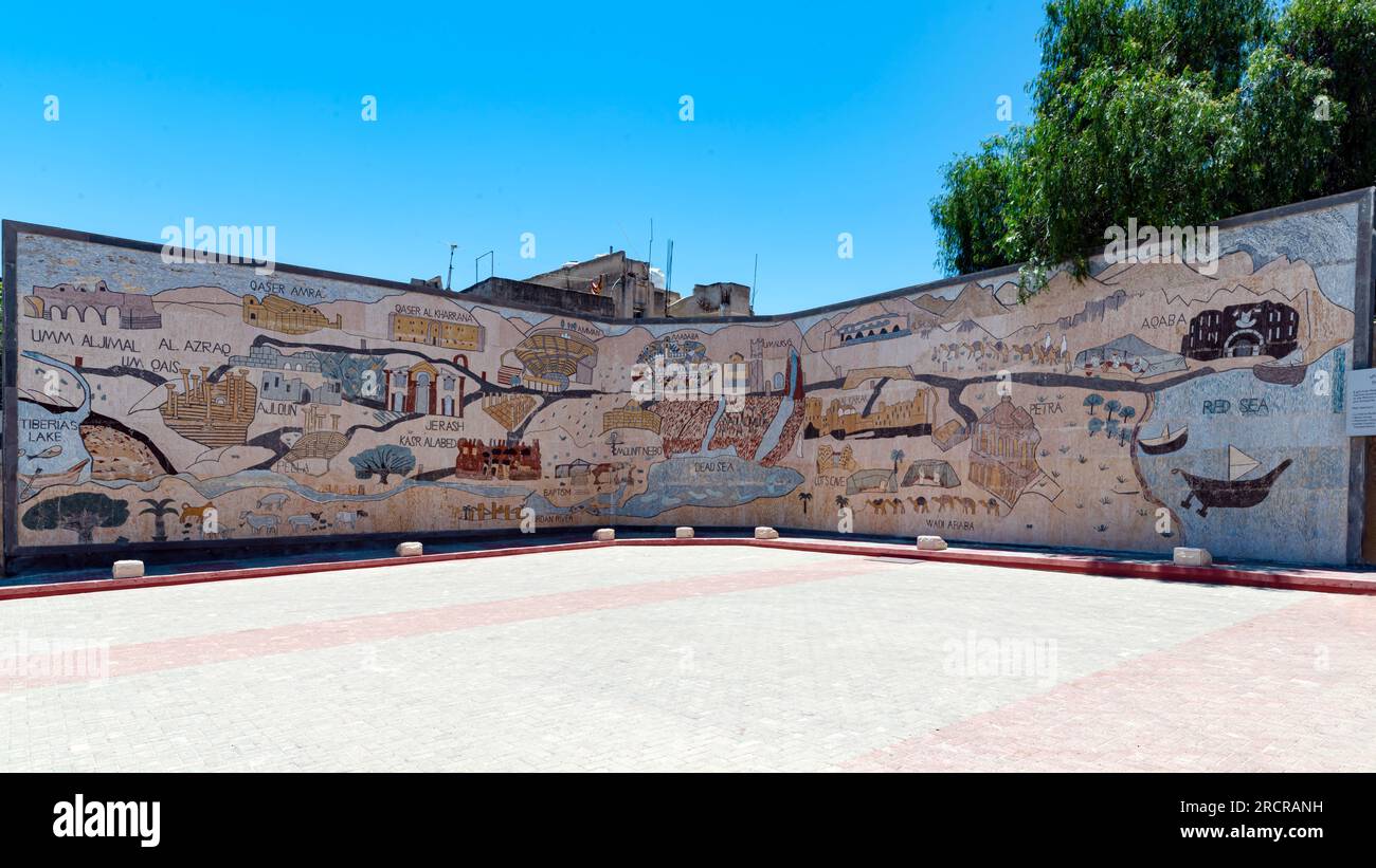 View of Mosaic wall art in Madaba, Jordan - Jun 25, 2023: The piece measures ...