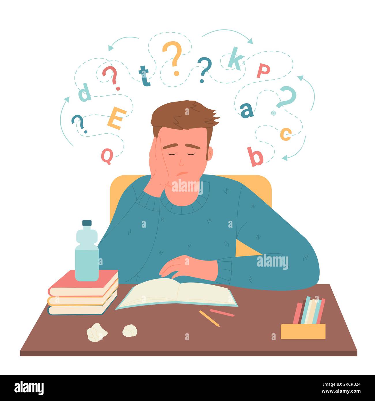 Problems in learning and literacy, dysgraphia and dyslexia disability vector illustration. Cartoon dyslexic confused student sitting at desk with cloud of letters, frustrated boy asking question Stock Vector