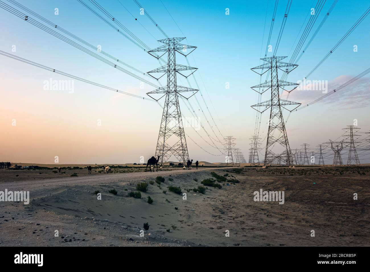 High Voltage an electric tower in sunset time near Al Hofuf Desert - Saudi Arabia. Stock Photo