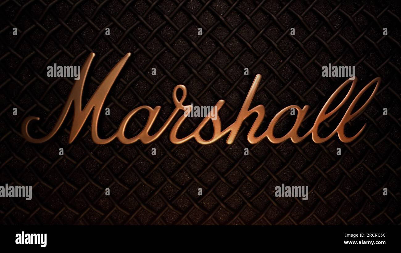 July 2023 Kyiv,Ukraine.Marshall guitar combo amplifier.Brand company