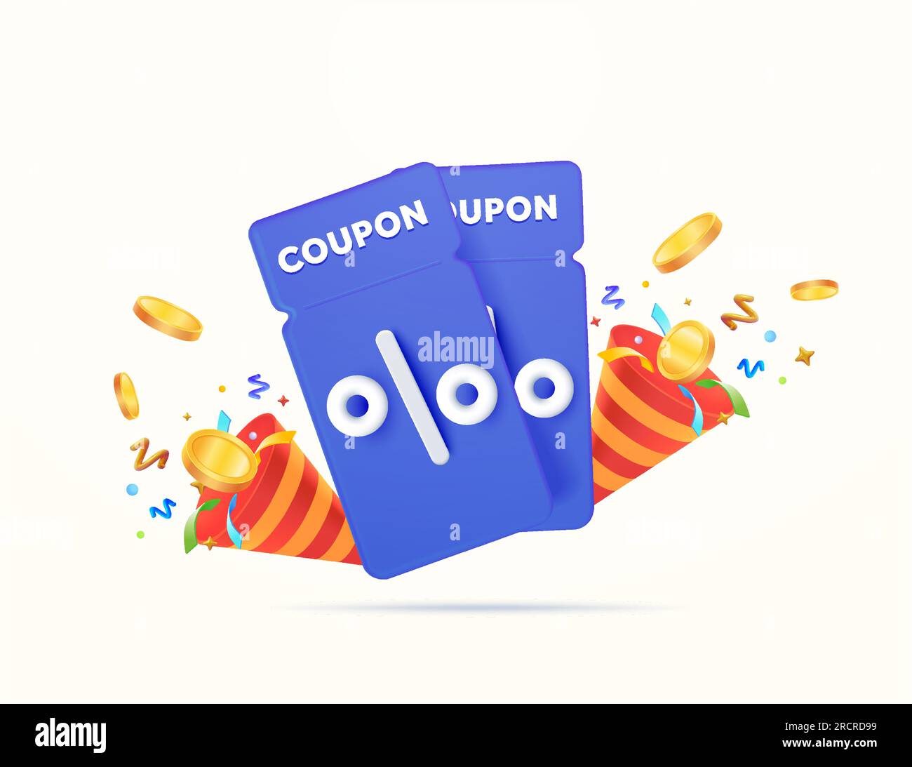 3d coupons, voucher with confetti, explosion effect, isolated on white
