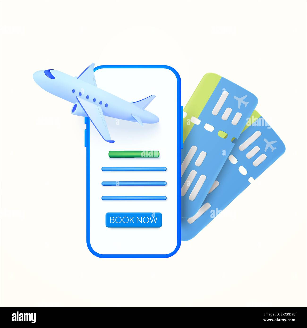 3d smartphone, airplane, flight tickets, book now button, isolated on