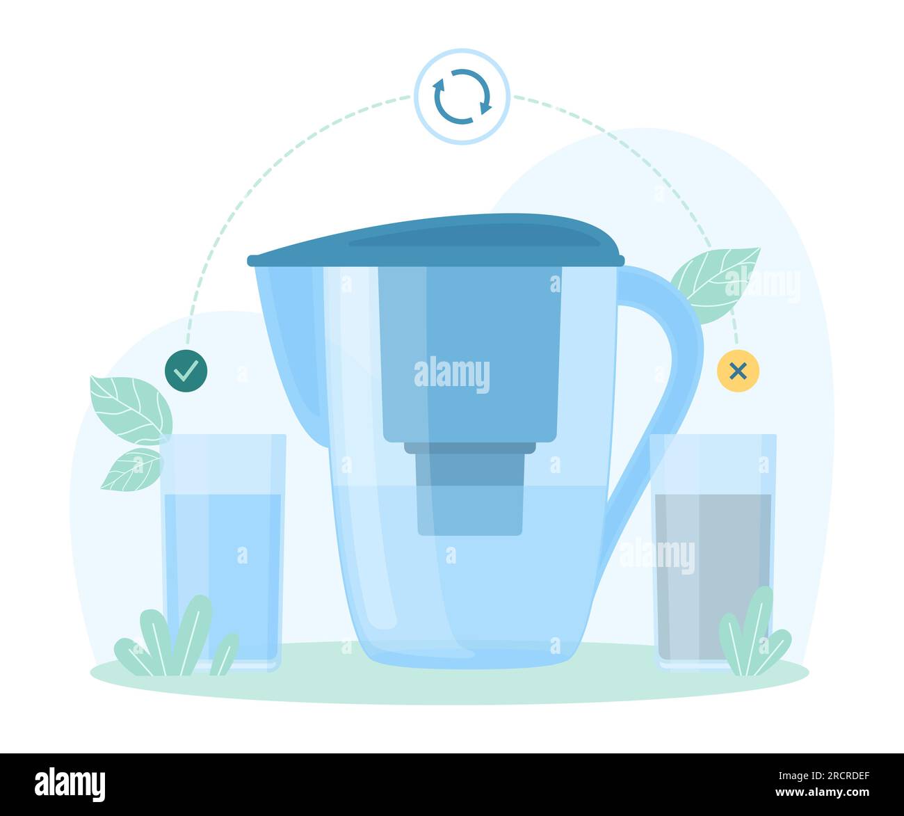 Water purification with filter in pitcher vector illustration. Cartoon infographic scheme with filtration plastic container, glasses with dirty and clean blue purified water, carbon filter in jug Stock Vector