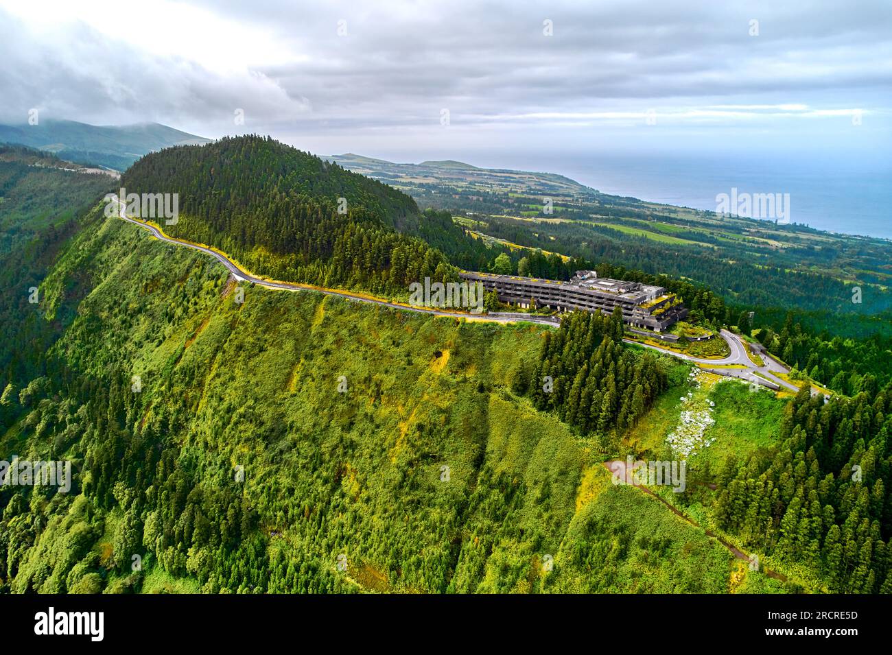 Aerial shot picturesque paradise of Sete Cidades in Azores, Sao Miguel. Volcanic craters and stunning lakes. Ponta Delgada, Portugal. Natural wonders, Stock Photo