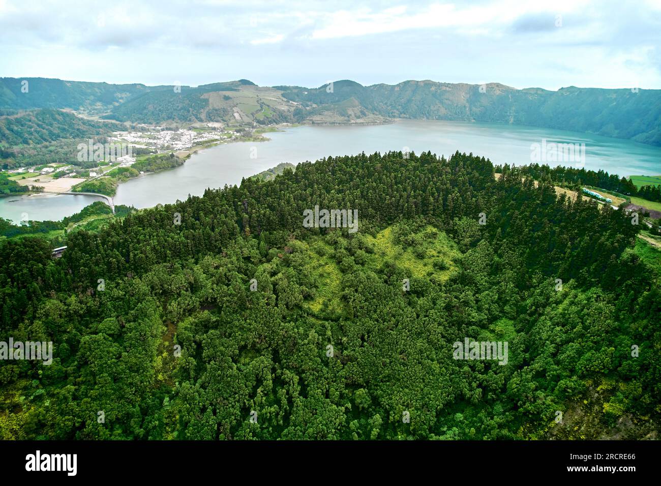 Aerial shot picturesque paradise of Sete Cidades in Azores, Sao Miguel. Volcanic craters and stunning lakes. Ponta Delgada, Portugal. Natural wonders, Stock Photo