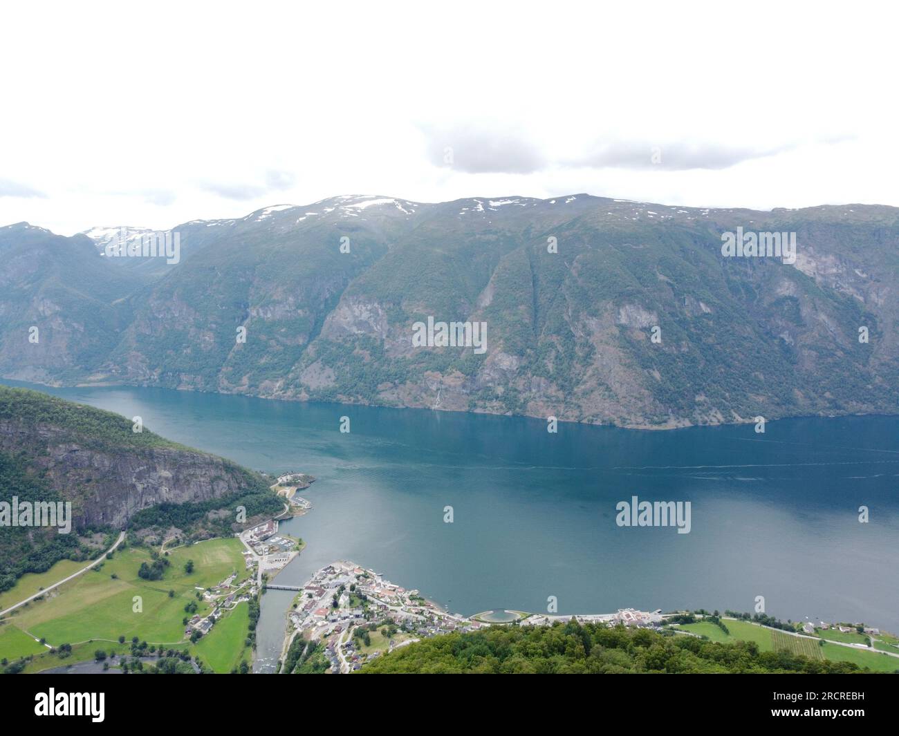 Aerial drone view of Norwegian fjord mountains Stegastein viewpoint above Orlandsfjord in Norwa Stock Photo