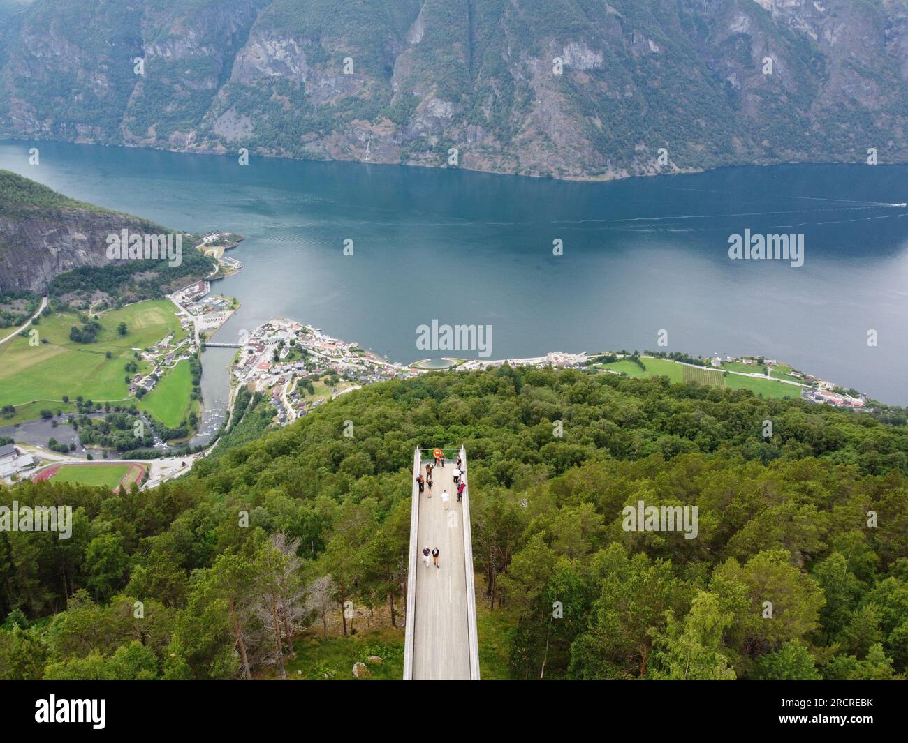 Aerial drone view of Norwegian fjord mountains Stegastein viewpoint above Orlandsfjord in Norway Stock Photo