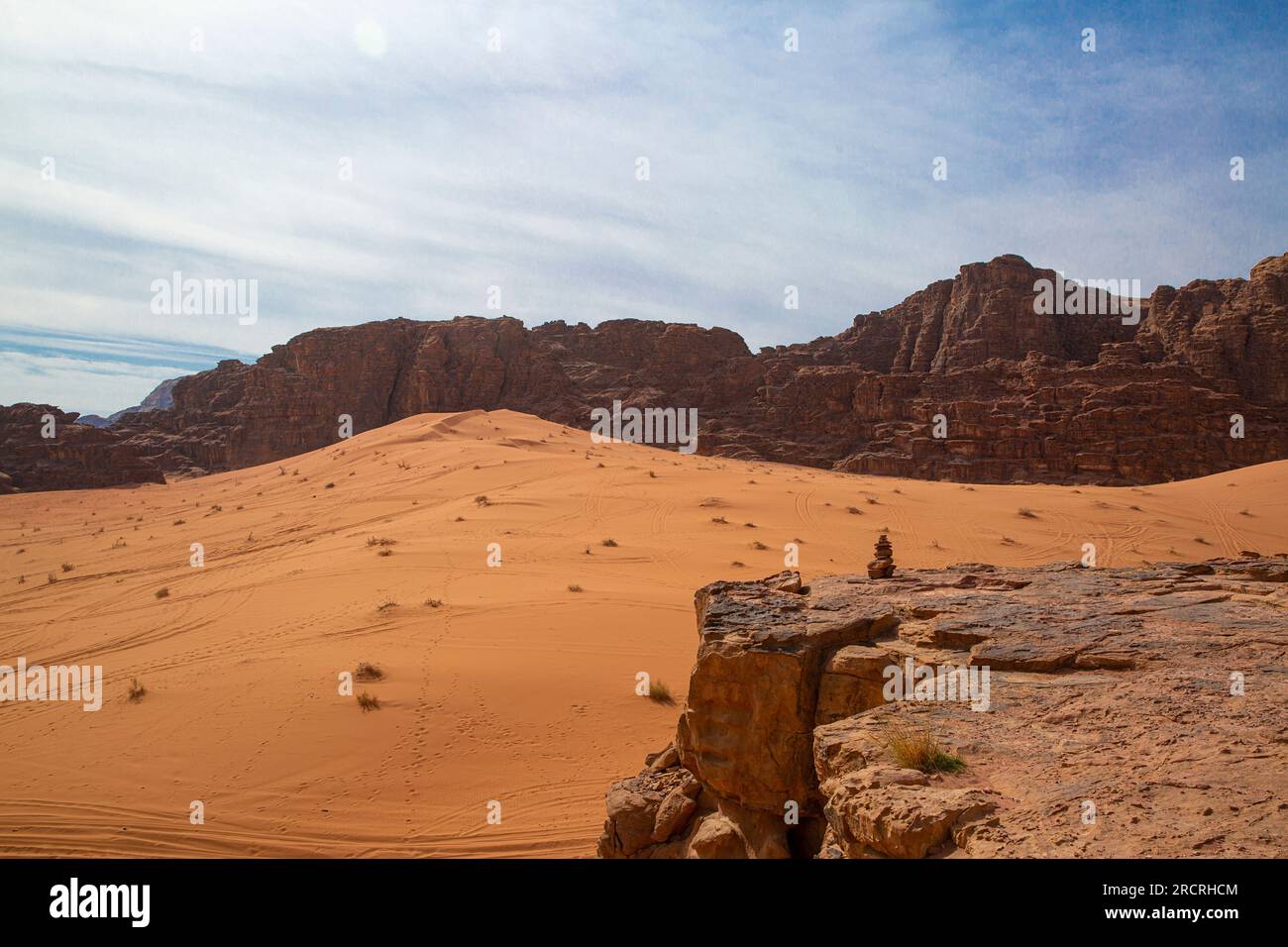 Wadi Rum desert in Jordan. Red orange sand and mars landscape. Stock Photo