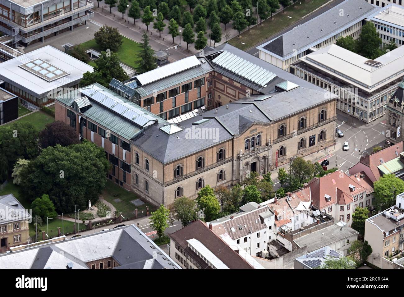 16 July 2023, Baden-Württemberg, Karlsruhe: Aerial view, taken from an airplane, of the Staatliche Kunsthalle Karlsruhe. Photo: Uli Deck/dpa Stock Photo