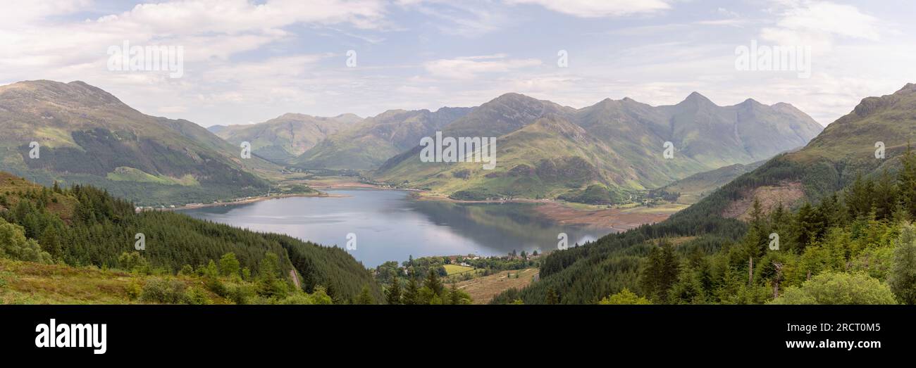 A Panoramic View from the Bealach Ratagan Viewpoint Towards Shiel Bridge at the Head of Loch Duich and the Five Sisters of Kintail in Summer Stock Photo