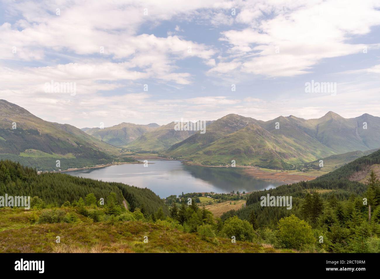 A Scenic View of Shiel Bridge, Invershiel and the Mountains Encircling the Head of Loch Duich from the Mam Ratagan Viewpoint Stock Photo