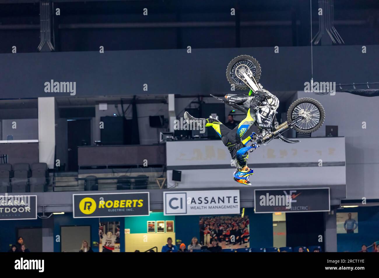 World class FMX motocross riders doing stunts in Ontario Canada Stock ...