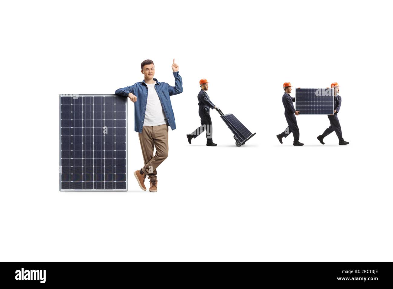 Casual guy leaning on a solar panel in front of workers isolated on white background Stock Photo