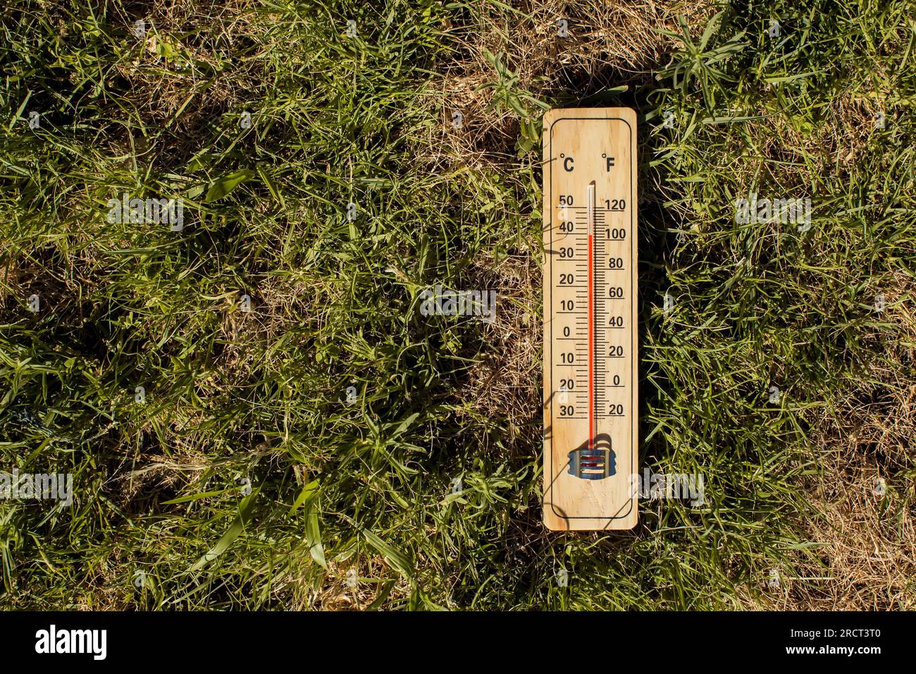 Hot weather. Thermometer lying on dry grass during heatwave. High