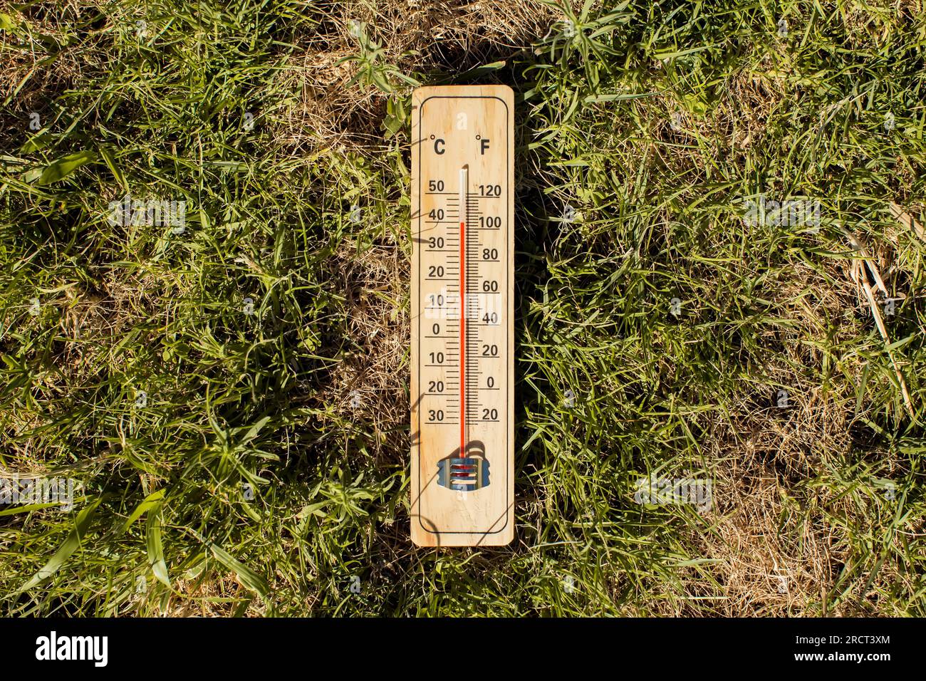 Hot weather. Thermometer lying on dry grass during heatwave. High