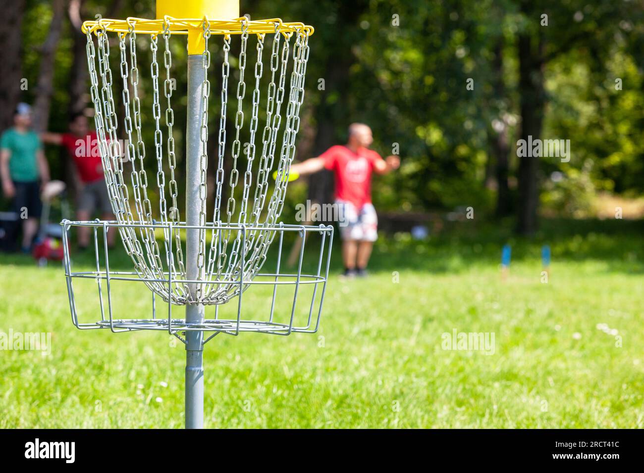 Disc golf player throwing a flying disc in the park, chain basket in